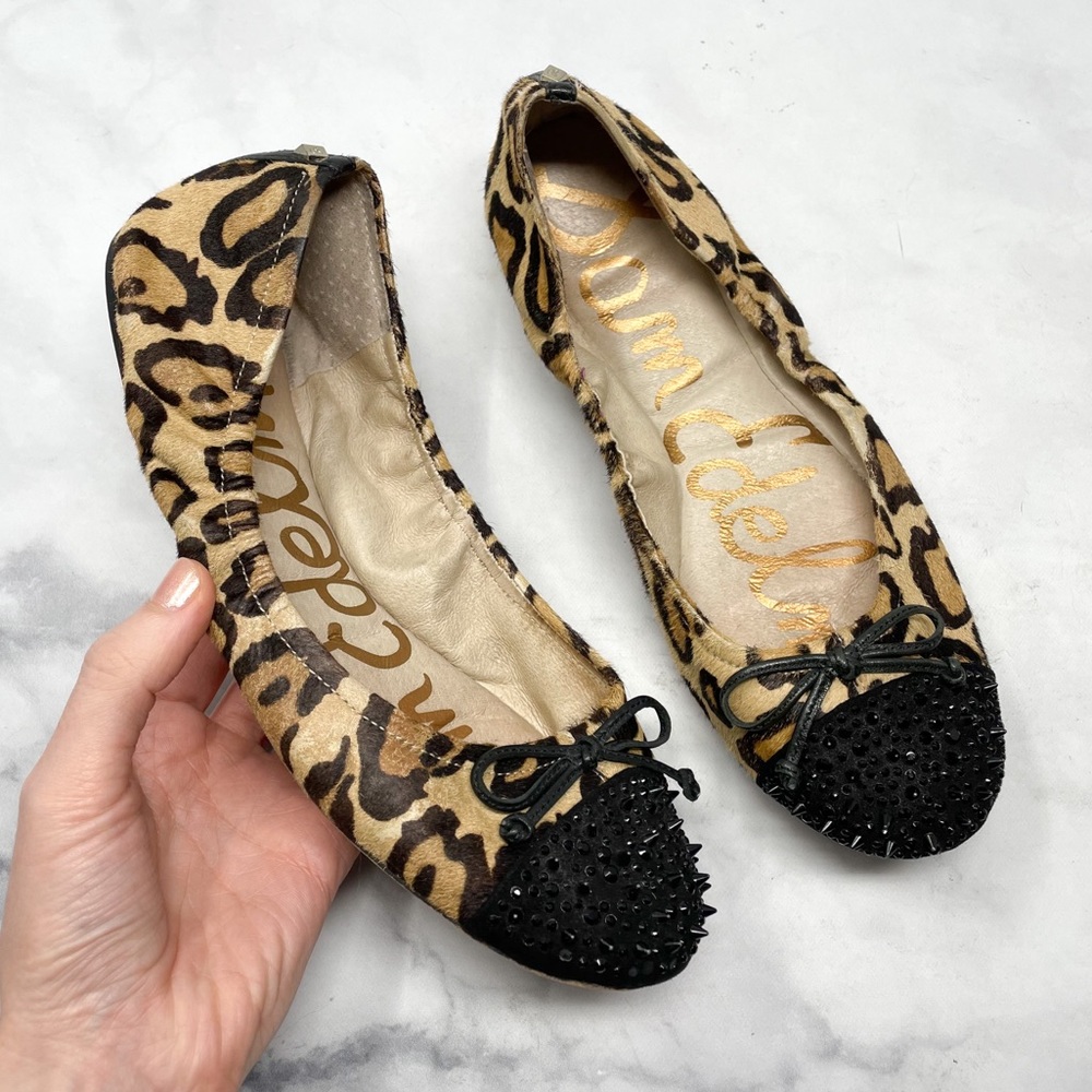 Sam Edelman $130 “Beatrix” Leopard Calf Hair Studded Slip-On Flats Boho 7.5